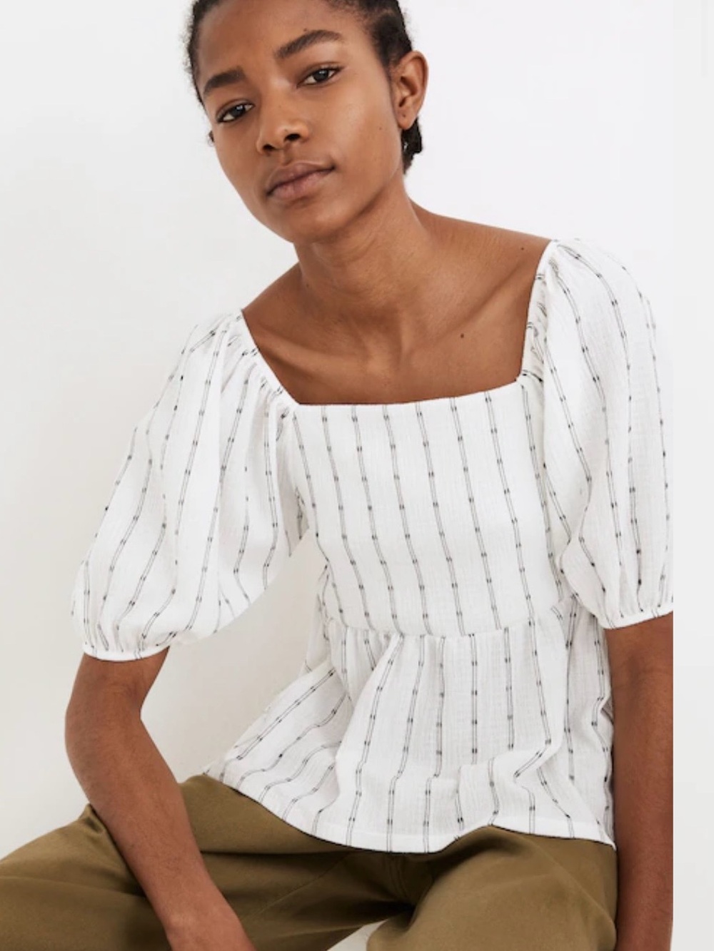 Madewell Puff-Sleeve Empire Square Neck White Stripe Top